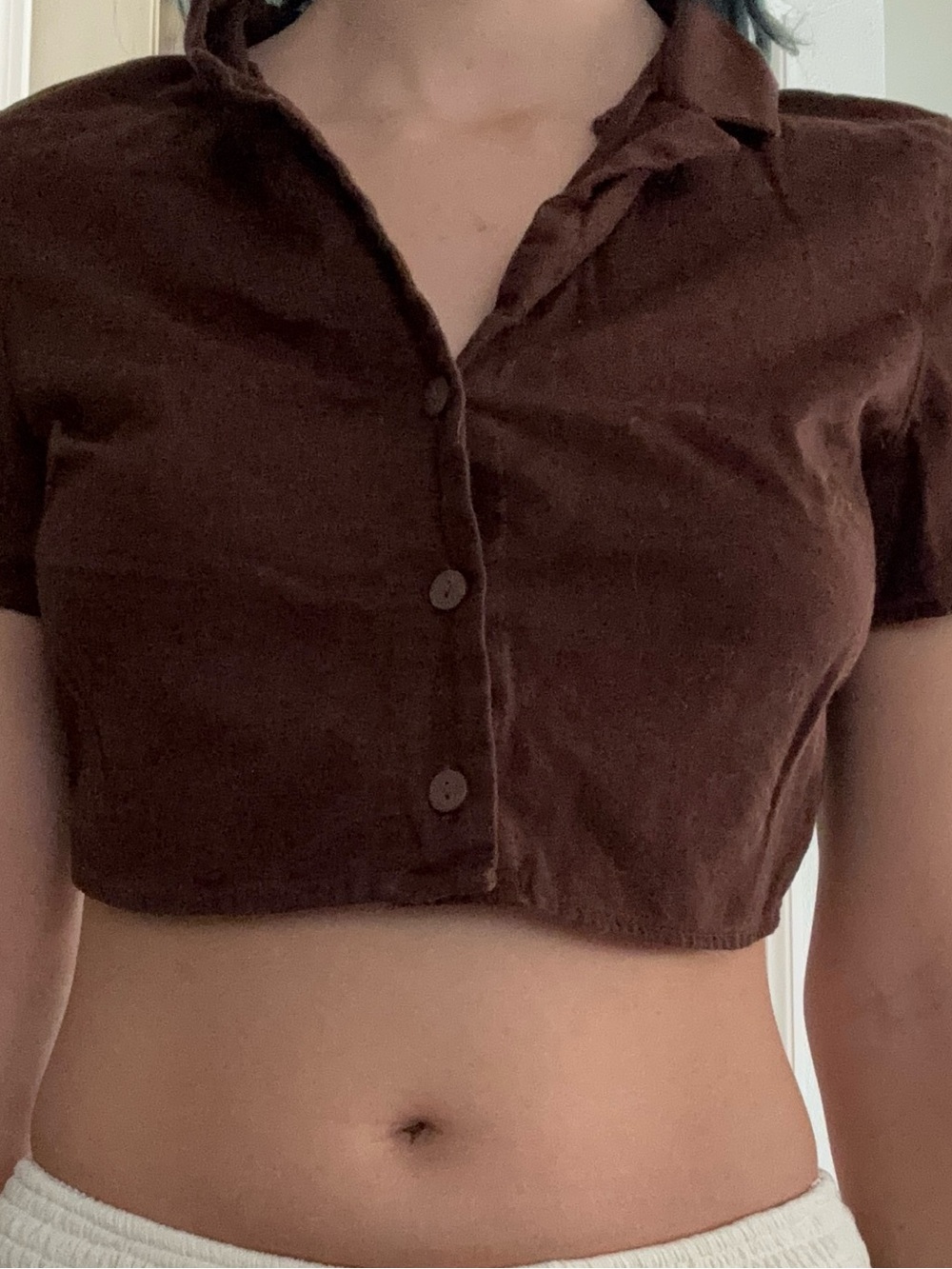 Brown Button Up Short Sleeve Cropped Shirt